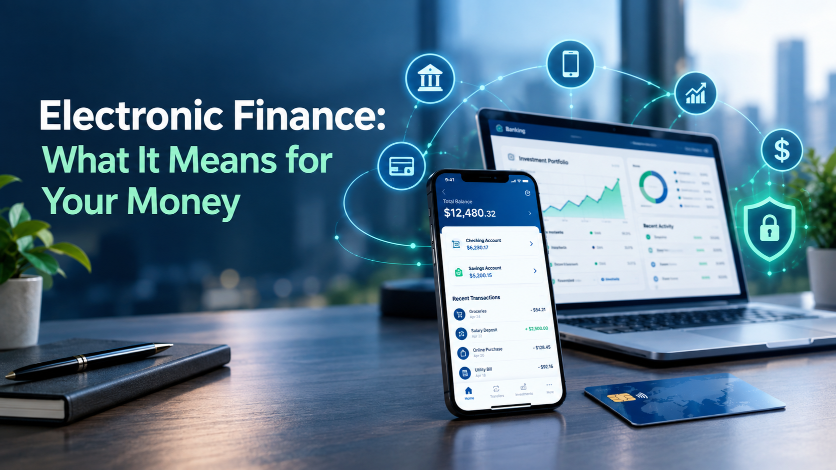 Digital finance concept showing a smartphone, electronic payments, digital money, and financial symbols representing how electronic finance affects your money.